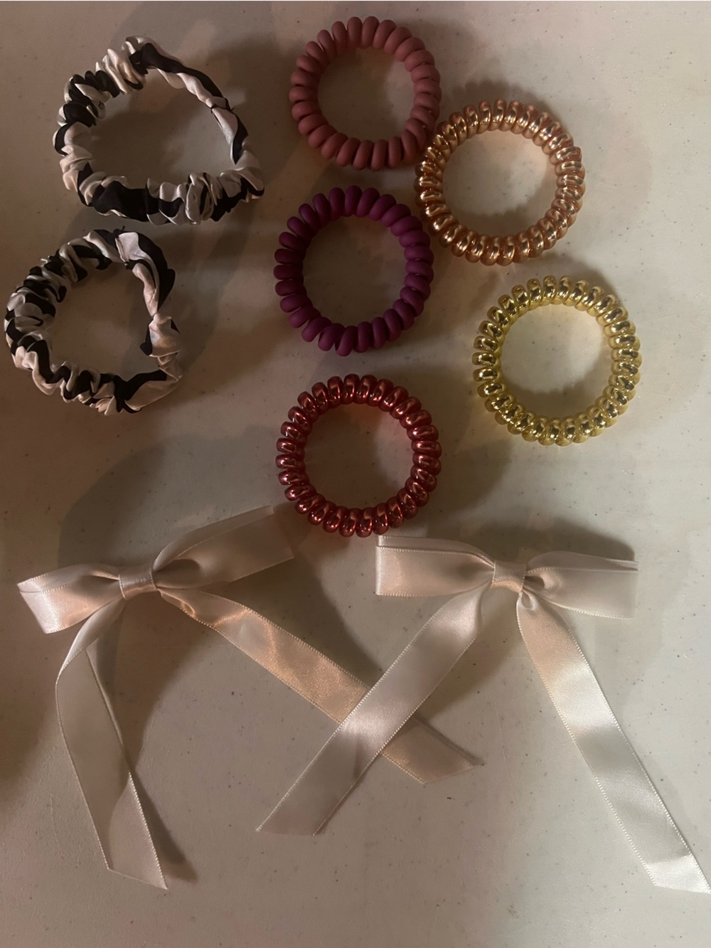 Hair Tie Set with Satin Bows and Spiral Coils - Pink, Burgundy, Gold, Champagne